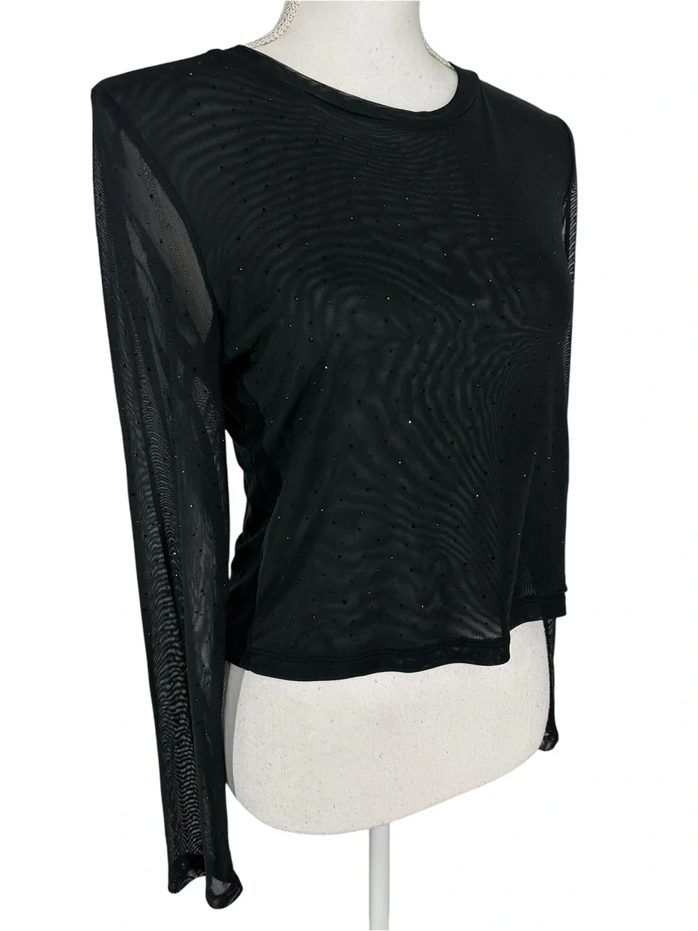 MADDEN GIRL / Black Sheer Long Sleeve Top / Tiny Rhinestone / Small (Estimated)